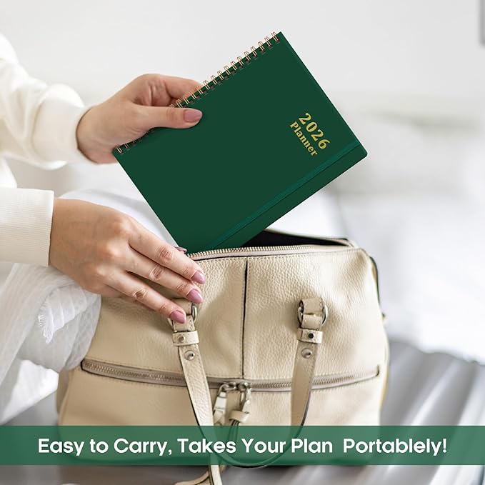 2026 Planner, Weekly and Monthly Calendar Planner, January 2026 - December 2026, Hardcover 2026 Calendar Book with Tabs For Women & Men, Inner Pocket, Spiral Bound, Perfect for Office Home School Supplies - A5 (6.3" x 8.5"), Dark Green
