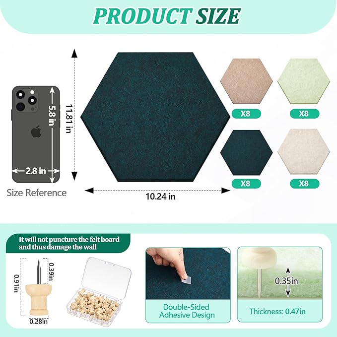 32 Pcs 12'' x 10' Hexagon Felt Cork Board Tiles with 50 Wooden Push Pins, Felt DIY Bulletin Board with 4 Tape for Office School Home Wall Decor Stickers Memos Photos Display