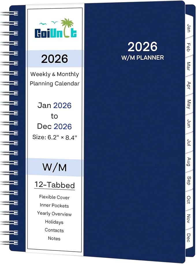 2026 Planner, Weekly ＆ Monthly Planner 2026, Jan 2026 – Dec 2026, 6.2" x 8.42", Flexible Cover, 12 Monthly Tabs, Thick Paper, Spiral Wirebound, Inner Pocket, A5, Blue