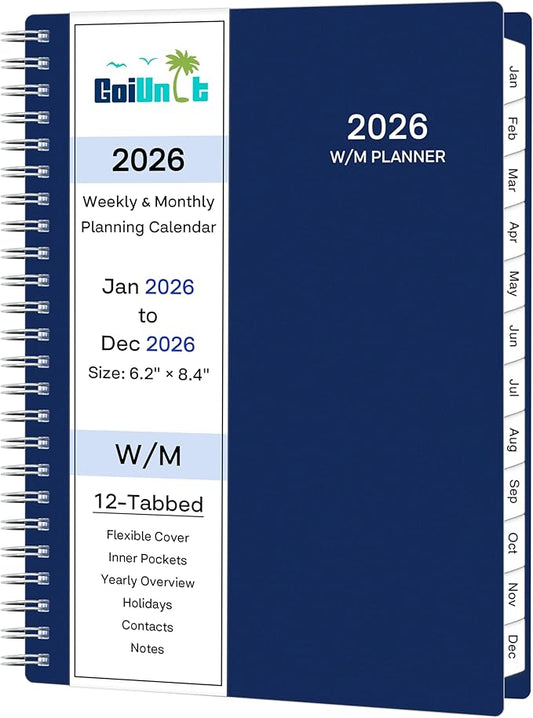2026 Planner, Weekly ＆ Monthly Planner 2026, Jan 2026 – Dec 2026, 6.2" x 8.42", Flexible Cover, 12 Monthly Tabs, Thick Paper, Spiral Wirebound, Inner Pocket, A5, Blue
