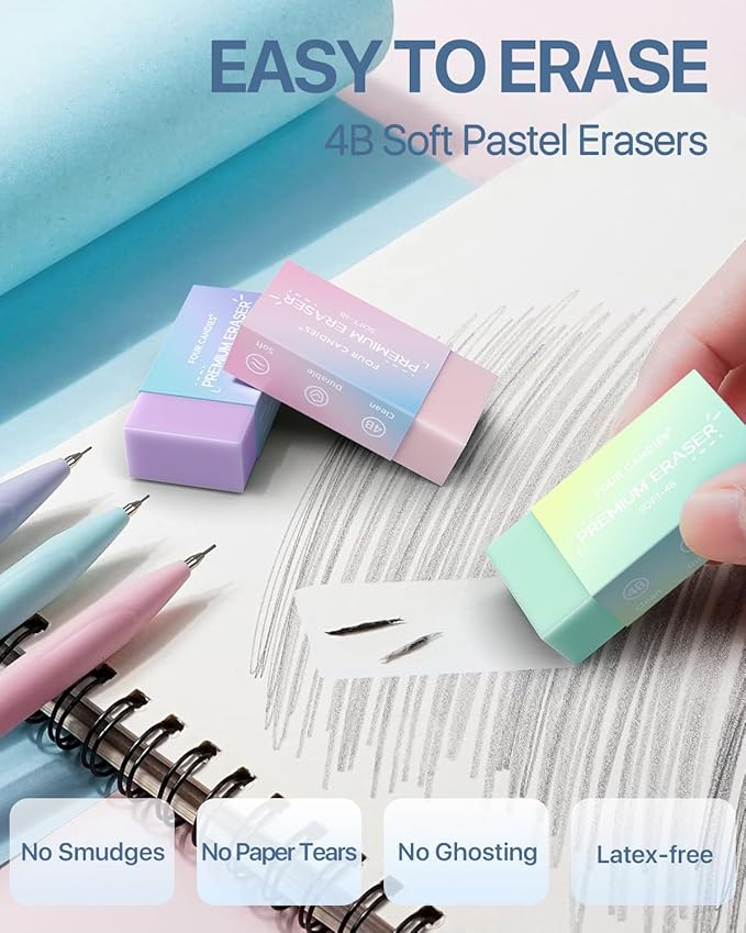 Four Candies Mechanical Pencils 0.9mm, with HB & 2B Lead Refills 0.9 mm, Pastel Eraser Set & Eraser Refills, 16-Count Pack with Case, Cute Aesthetic School Supplies for Writing, Drawing and Sketching