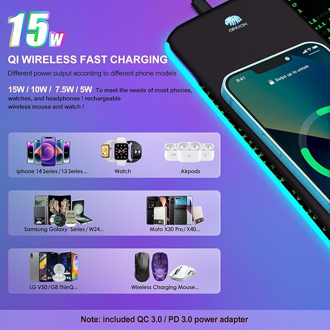 ToLuLu Wireless Charging RGB Gaming Mouse Pad, 15W LED Mouse Mat with 30W Charger, 14 Light Modes Large Mousepad Wrist Support, Non-Slip Rubber Base Desk Mat Computer Keyboard Pad, Right Left Brain