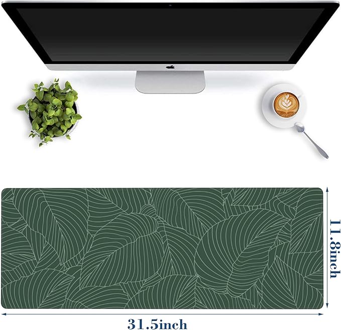 Large Mouse Pad Green Tropical Leaves Extended Gaming Mousepad Waterproof Desk Pad with Non-Slip Base and Stitched Edge Keyboard Pad XL 11.8 x 31.5 Inch Mouse Mat for Home Office Desk Decor