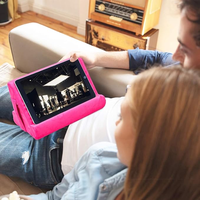 Universal Multi-Angle Tablet Holder - Soft Pad Stand with Net Pocket & Phone Stands for Lap, Knee, Sofa and Bed(Pink)