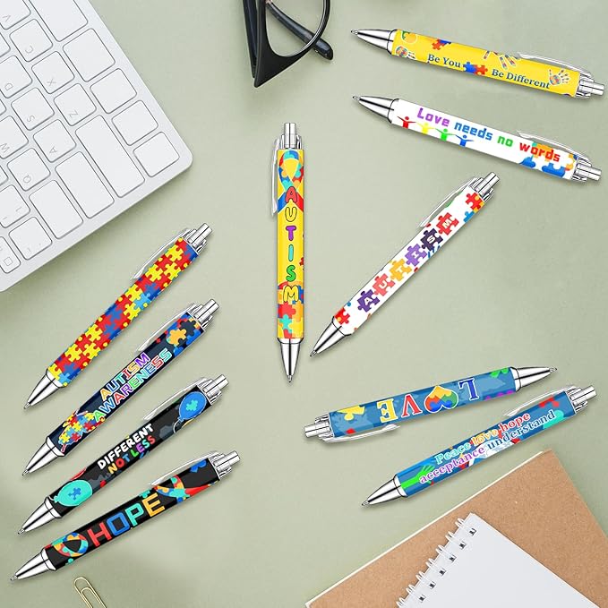 Idealmuzik Autism Awareness Ballpoint Pens, 10 Pack – Inspirational Quote Pens with Puzzle & Heart Designs, Encouraging Writing Pens for Office, School, Events & Everyday Use