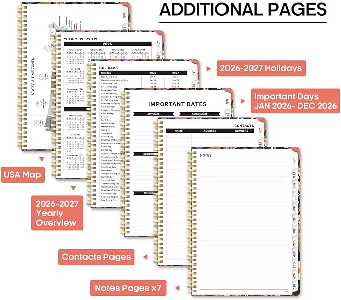 2026 Planner, Weekly and Monthly Calendar Planner Book, January 2026 - December 2026, Hardcover Spiral Planner with Monthly Tabs, Notes Pages, Perfect for Women & Men, A4 (8.5" x 11") - Flower