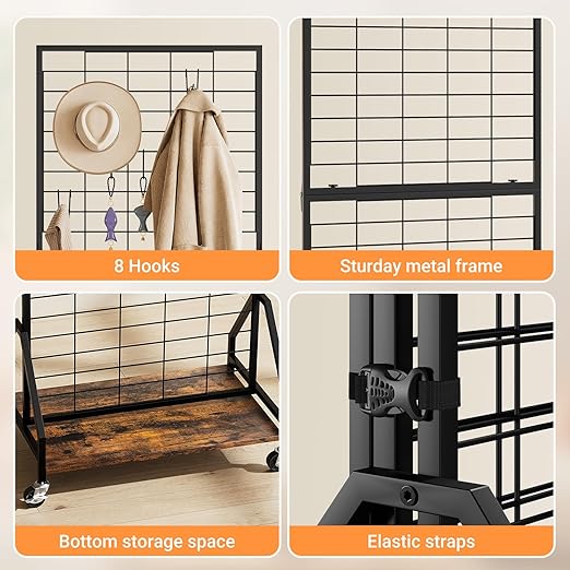 ELYKEN Foldable Grid Wall Panels 5.5' x 2' FT, Movable Wire Gridwall Display Rack with Wheels and Adjustable Foots, Retail Display Stand for Vendor with Storage (Rustic Brown)