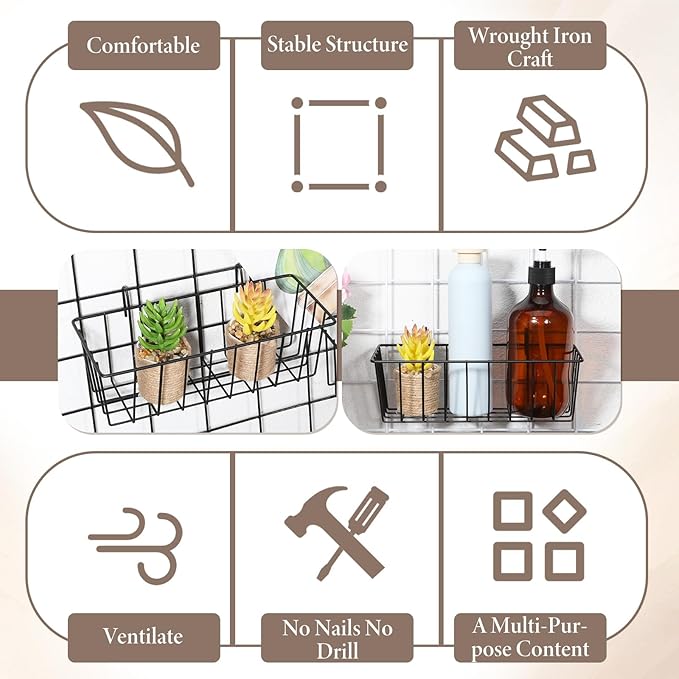 SHENLIU 10 Pcs Wire Baskets, Hanging Basket Grid Wall Baskets No Drilling Walls Storage And Display Basket, Black Grid Walls Accessory for Wall, Kitchen, Home Decor Supplies