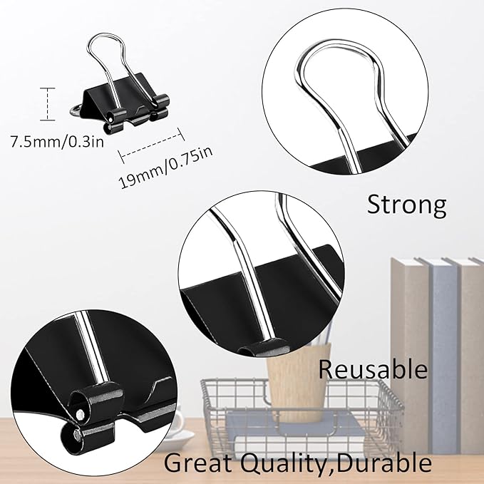JANYUN Small Binder Clips, 150Pcs 19mm/0.75 Inch Small Paper Clamps Metal Clips for Office School Home Supplies (Black)