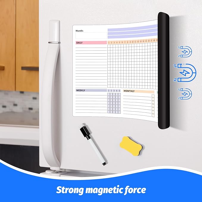 Habit Tracker Magnetic Whiteboard Set-Daily Weekly and Monthly Goal and Habit Tracker Magnetic Whiteboard for Refrigerator-Magnetic Calendar for Fridge -Motivational Goal & Planner Journal