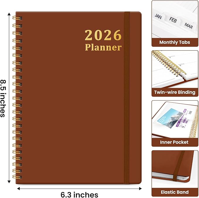 2026 Planner, Weekly and Monthly Calendar Planner, January 2026 - December 2026, Hardcover 2026 Calendar Book with Tabs For Women & Men, Inner Pocket, Spiral Bound, Perfect for Office Home School Supplies - A5 (6.3" x 8.5"), Rust Brown