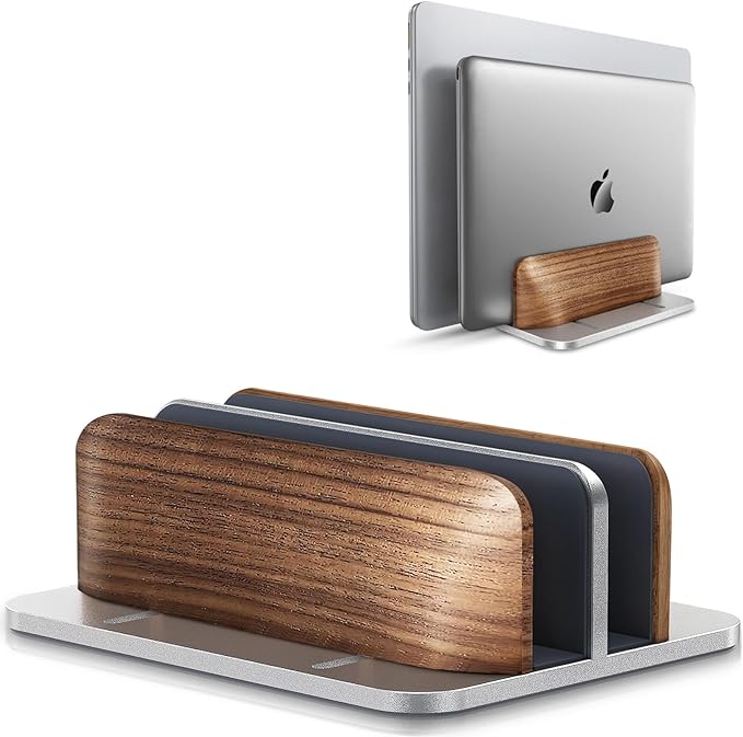 𝟮𝟬𝟮𝟲 𝗨𝗽𝗴𝗿𝗮𝗱𝗲𝗱 Aluminum Vertical Laptop Stand, [Black Cedar Wood Dual-Slot], Desktop Adjustable MacBook Stand, Adjustable Base, for MacBook Pro/Air, (up to 17.3-inch Gaming laptops)