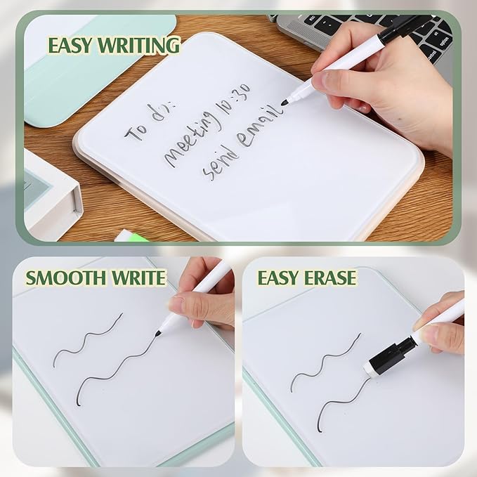 2 Pcs Small Glass Desktop Whiteboard with Reversable Stand 8 x 6 Inch Mini Dry Erase White Board Easel with 2 Markers Reusable Desk Notepad for Home Office School Supplies(White, Green)