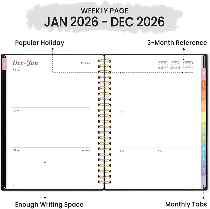2026 Planner, Annecy Weekly ＆ Monthly Planner 2026, Jan. 2026 – Dec. 2026, 6.4" x 8.3" Monthly Agenda Planner with Tabs, Waterproof Flexible Cover, Spiral Binding, Double-sided Pocket, Bookmark, Black