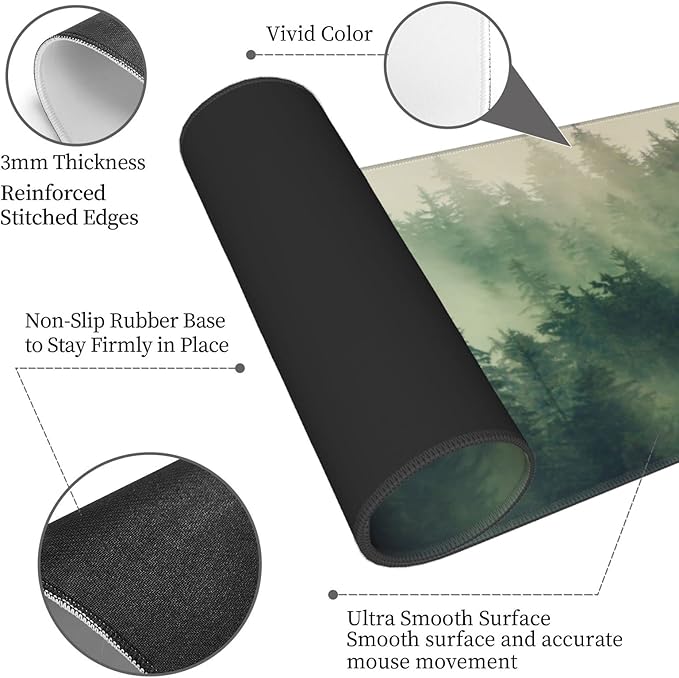 Green Forest Pine Fog Mountain Tree XXL XL Large Gaming Mouse Pad for Desk, Non-Slip Long Extended Keyboard Pads Mousepad Rubber Table Mat 31.5 X 11.8 Inch