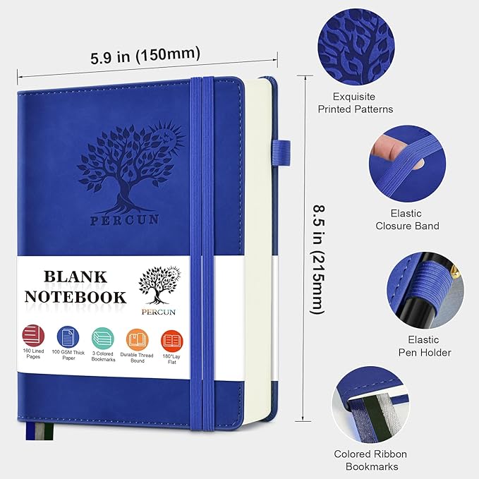 Blank Journal Ntebook for Men & Women, 160 Pages Blank Journals for Writing, Drawing,Sketch Book,5.9" x 8.5" Leather Sketchbook, Unlined Notebook for Work, School, Art (Navy)