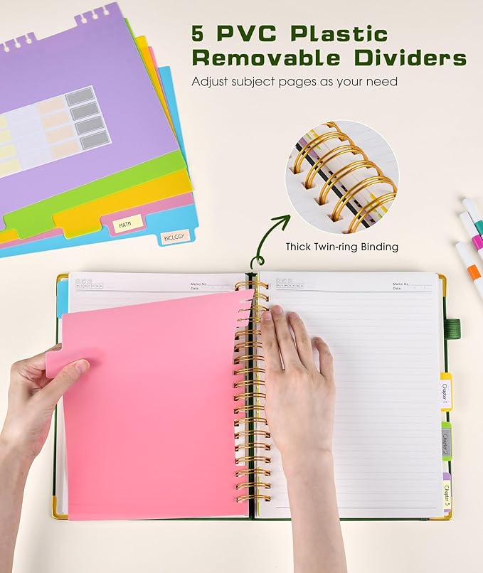 Hardcover Spiral Notebook 8.5"x11" Journal with Removable Dividers Tabs, 300 Pages Leather 5 Subject Notebook College Ruled, Large A4 Notebooks for Work School, Lined Journal for Women, A4 Green