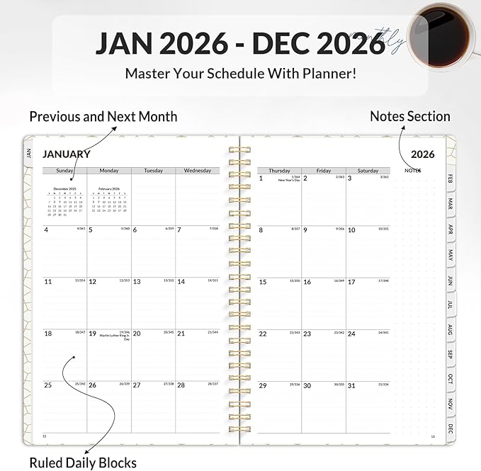 SUNEE 2026 Planner, Weekly and Monthly Calendar Planner, January 2026-December 2026, Daily Agenda with Tabs, Note Pages, Spiral Binding, 6.4"x8.3", Gray Blue (Pack of 2)
