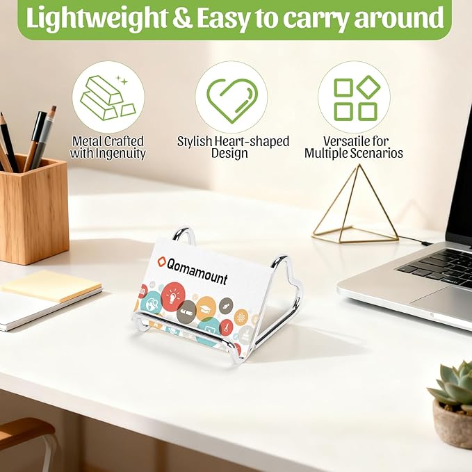 Qomamount Business Card Holder,Cute Heart-Shaped Metal Card Display Stand,Vertical Desktop Name Card Organizer,Small Phone Stand & Photo Holder for Office,Wedding,Reception,Exhibition(Sliver)