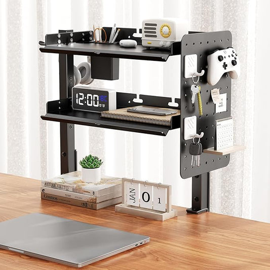 2-Tier Steel Clamp On Desk Shelf, Adjustable 16 inch Desk Storage Shelves with Pegboard and Pencil Holder,Above or Under Heavy Duty Desktop Organizer with Headphone Holder for Desk Accessories (Black)