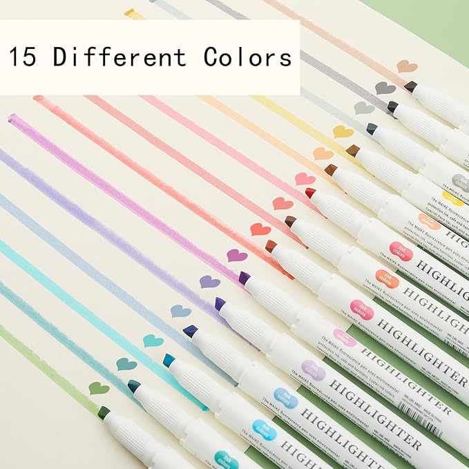 Real Mild Highlighters, Pastel Highlighter Assorted Colors Markers Dual Tip Highlighter Markers Chisel and Fine Tips for Coloring, Underlining, Highlighting (15colors)