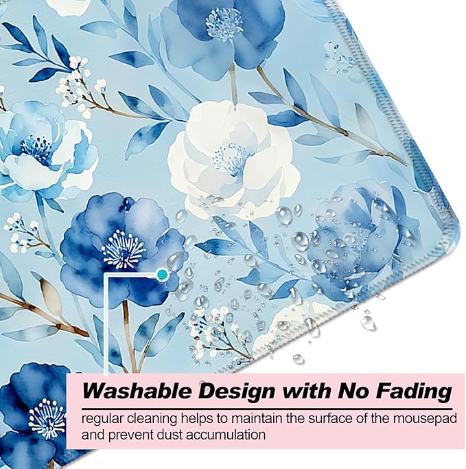Watercolor Blue Floral XL Large Desk Mat, Extended Long Pretty Flowers Aesthetics Desk Pad for Gaming and Office, Non-Slip Rubber Base, Comfortable Surface Mouse Pad, 31.5x11.8 in (H10)