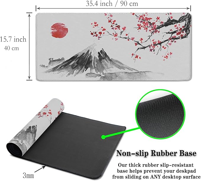 Large Mouse Pads White, Home Office Desk Pad Gaming Mat, Desk Mat Large Non-Slip Rubber Base Waterproof with Stitched Edges, 35.4 X 15.7 inch for Work/Game/Office Japan Traditional Painting