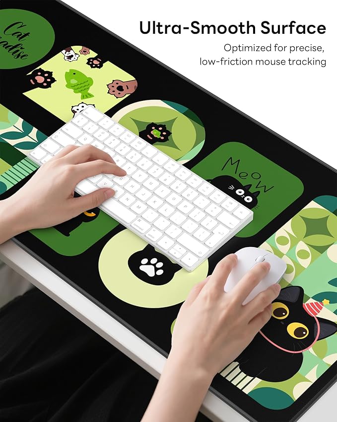 XL Gaming Mouse Pad, 31.5x17.5'' Large Desk Mat with Anti-Slip Rubber Base & Stitched Edges for Gaming, Office, Home - Cute Kitty