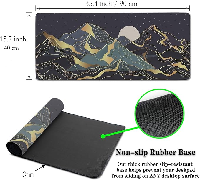 Extra Large Mouse Pad Golden Desktop Pad Keyboard Mouse Pads Desktop Mats Big Gaming Mousepad Waterproof Non-Slip Rubber Base 35.4 X 15.7 for Game Office, Sunset Mountains Art