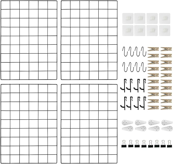 Metal Wire Wall Panel, Wire Mesh Organizer, 17.3"×11.8" Black Wall Grid, 4-Pack with Clips and Hooks
