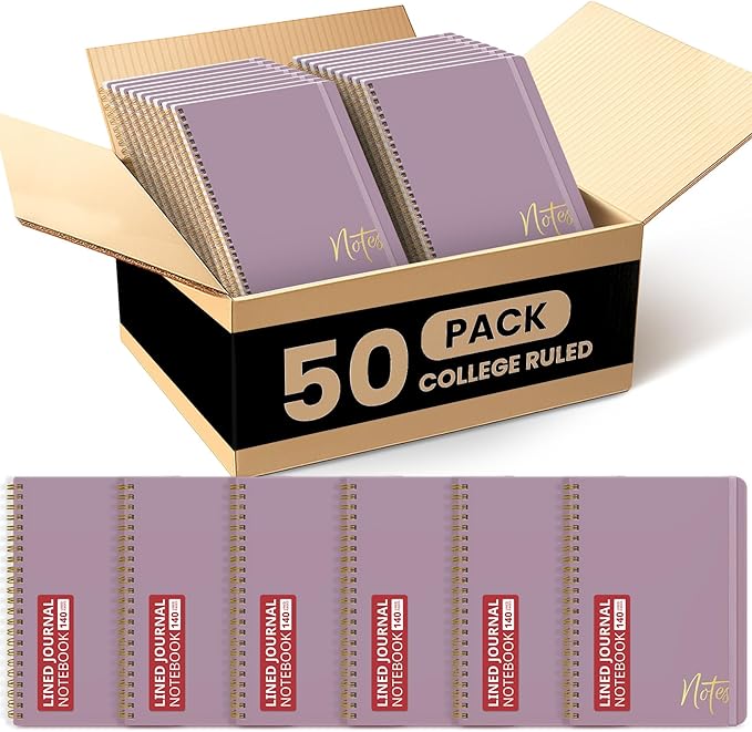 Lined Spiral Journal Notebook for Women, 50 Pack, A5 College Ruled Journals for Writing, Hardcover Notebooks for Work, Note taking and Office School Supplies,140 Pages,50 Pcs - Purple