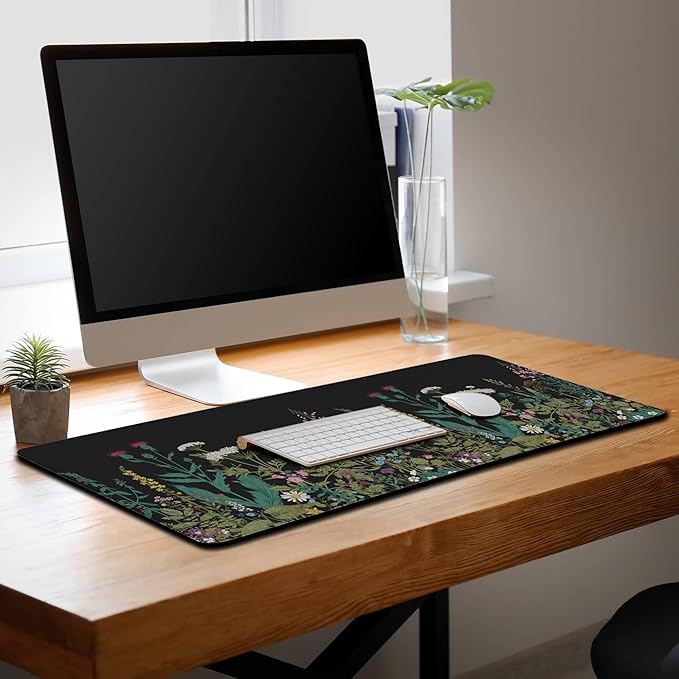 Gaming Mouse Pad Black XXXL Mousepad, Office Desk Pads Keyboard Mouse Pads, Pad for Mouse Non-Slip Rubber Base Waterproof with Stitched Edges, 35.4 X 15.7 in for Work/Game/Office Wildflower