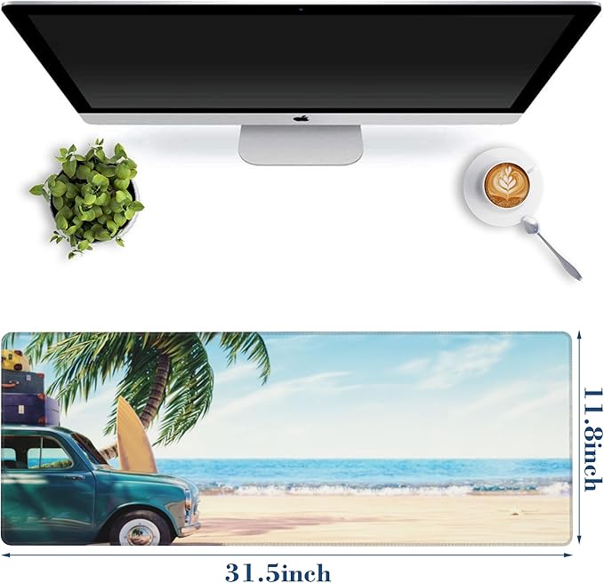 Large Mouse Pad Green Car with Luggage Extended Gaming Mousepad Summer Beach Desk Pad with Non-Slip Base and Stitched Edge Keyboard Pad 11.8 x 31.5 Inch Mouse Mat for Home Office Desk Decor
