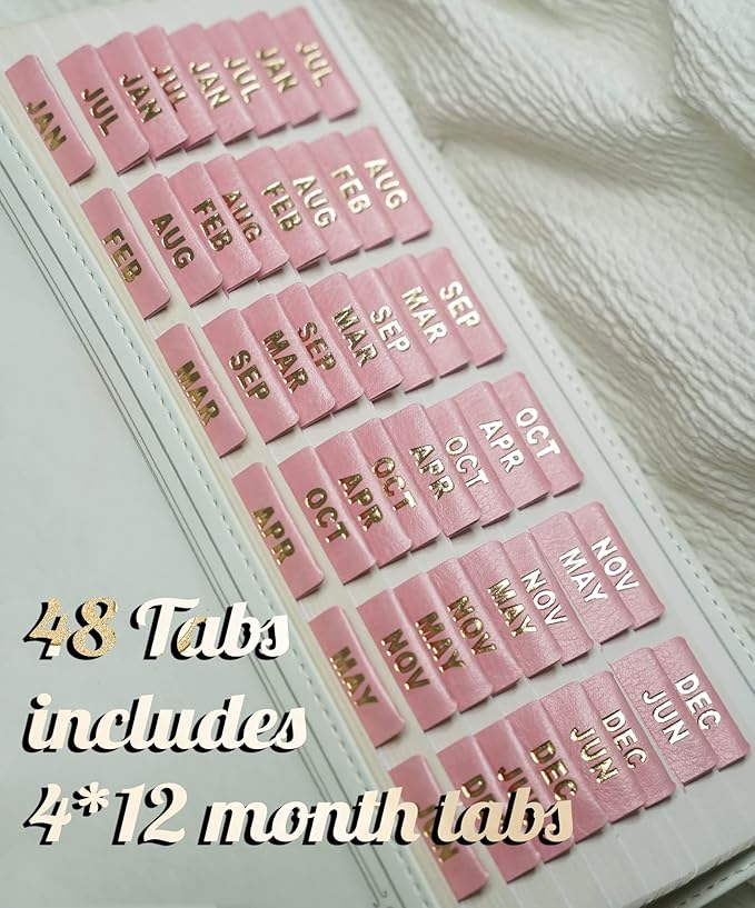 UPAFEXXI-Leather Monthly Tabs, 48 Pcs Planner Tabs, Calendar Month Stickers for Planners, Organizing and Sorting Out Notebooks(Pink)