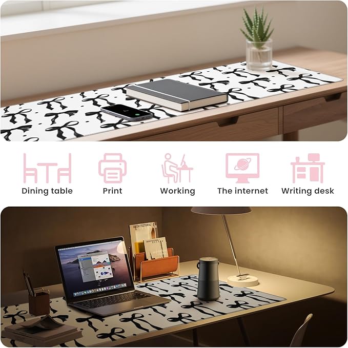 Large Bow Mouse Pad, Black and White Desk Mat XL Keyboard Pad Computer Mat, Non-Slip Rubber Base Gaming Mousepad Extra Large Laptop Pad, Cute Desktop Cover Office Supplies for Girl 31.5 x 11.8in