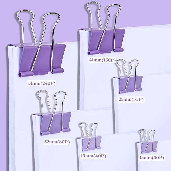 Temiary Aesthetic Binder Clips, 12 Pcs 2 Inches Small Metal Binder Clip with Clear Storage Container, Binding Paperwork Clamps for School Teachers Office Supplies (Purple)