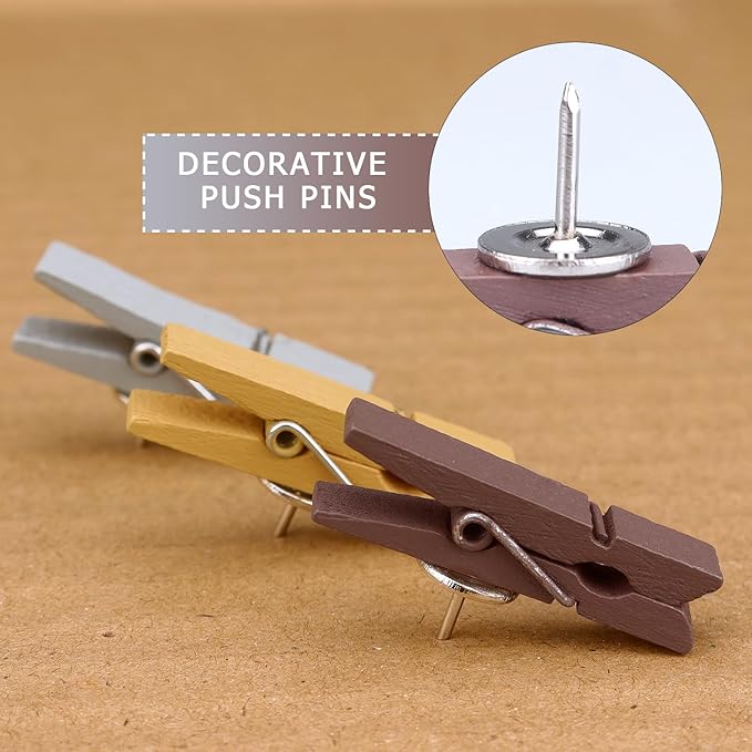 50 PCS Wooden Clips Colorful Push Pins Tacks for Cork Board Artwork, Crafts Arts Projects(Morandi)