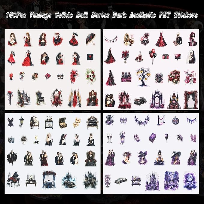 Vintage Goth Stickers for Adults Scrapbooking, 100Pcs Transparent PET Gothic Ball Theme Dark Romance Stickers for Junk Journaling Supplies, Planner, Collage, Scrap Book Supply, Crafts Arts