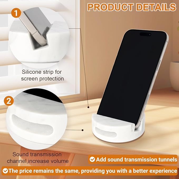 Elegant and Versatile White Marble Phone Stand with Sound Amplified Output iPhone Phone Holder Function for Office Desk,Kitchen Counter,Bathroom,and Bedside