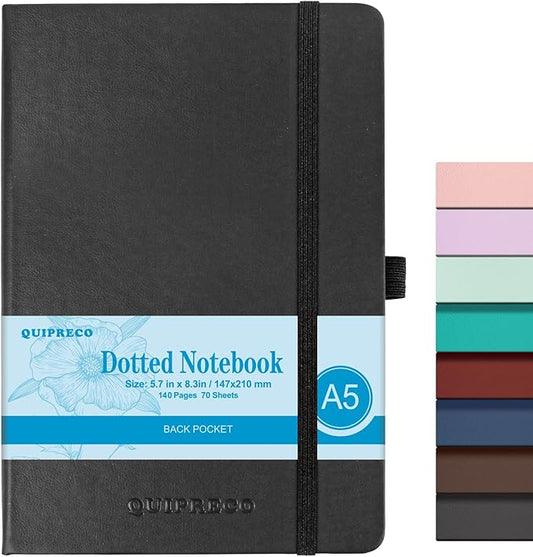Bullet Dotted Journal Hardcover Notebook, A5 140 Pages 120Gsm Thick Paper for School,Note Taking,Work,Diary，5.7''*8.3'',Black