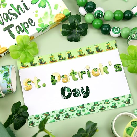 St. Patrick's Day Washi Tape Set, 12 Rolls Green Themed Decorative Tape Shamrocks Lucky Masking Tape for Journaling Supplies, Junk Journal, Scrapbooking, DIY Arts & Crafts, Gift Wrapping