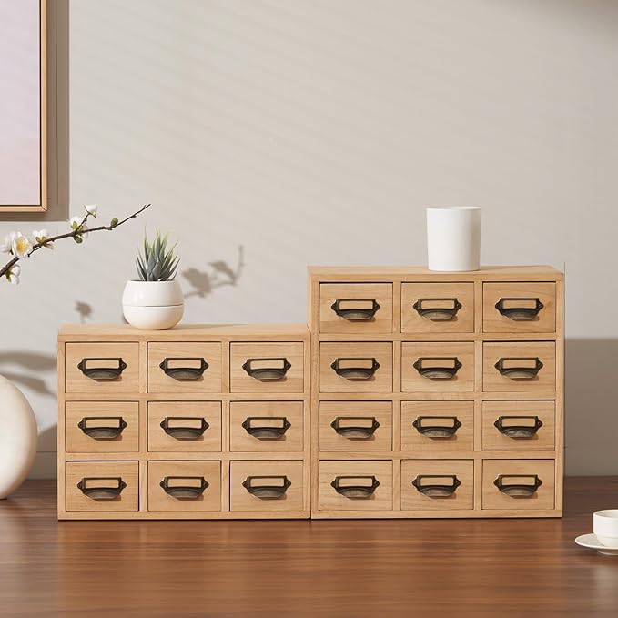 KIRIGEN Wood Drawer Organizer Desktop Storage Cabinet Box Drawers for Home Office Desk Organization and Storage 9 Drawer Mini Chest with Metal Handles Natural (9CG-NA)