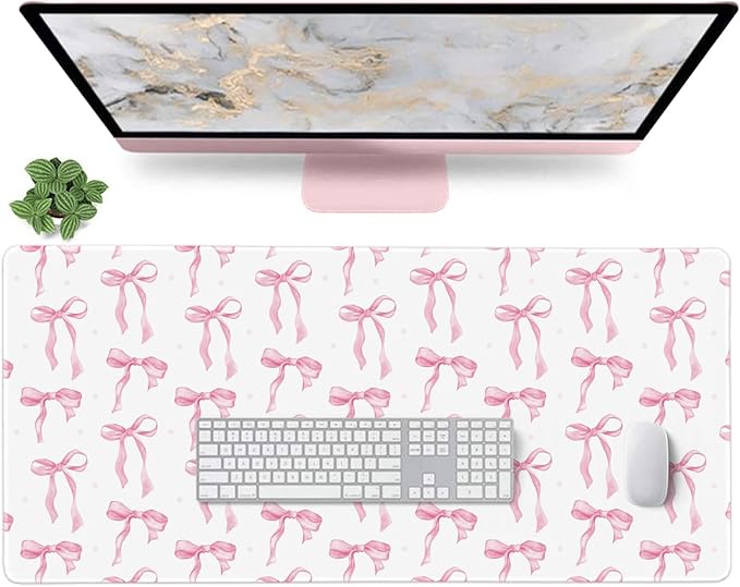 Pink and White Mouse Pad, Desk Mat Pink Bow Keyboard Mat Bows Office Accessories Computer Mat, Non-Slip Rubber Base Extra Large Mousepad Laptop Pad, Desktop Pad Cute Decor for Girls 35.4 x 15.7in