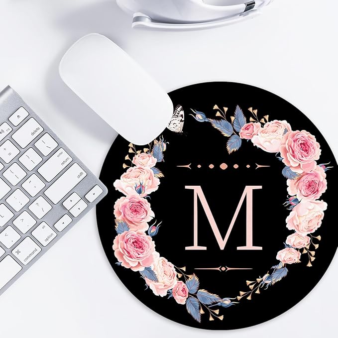 Letter M Black and Pink Flowers Round Mouse Pad, Funny Small Mouse Pad with Non-Slip Rubber Base, 8.7inch Round Mouse Mat for Home Office Decor