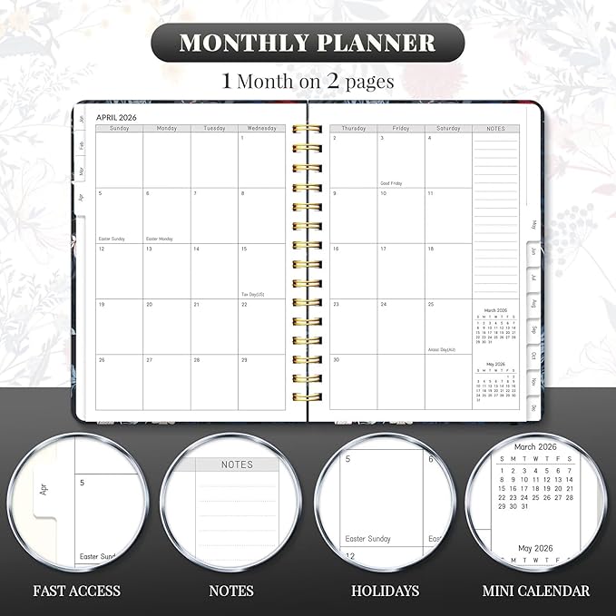 2026 Planner, A5 Weekly and Monthly Planners with Tabs, Spiral Bound Daily Calendar 2026 Planner, Agenda Organizers from Jan. to Dec., Hardcover Habit Tracker Journal 6.18" x 8.5"(Black Bloss)