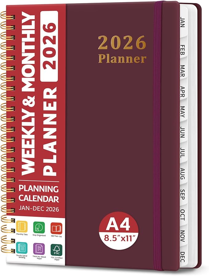 2026 Planner, Weekly and Monthly Calendar Planner, January 2026 - December 2026, Hardcover 2026 Calendar Book with Tabs For Women & Men, Inner Pocket, Spiral Bound, Perfect for Office Home School Supplies - A4 (8.5" x 11"), Burgundy