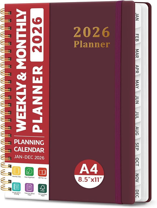 2026 Planner, Weekly and Monthly Calendar Planner, January 2026 - December 2026, Hardcover 2026 Calendar Book with Tabs For Women & Men, Inner Pocket, Spiral Bound, Perfect for Office Home School Supplies - A4 (8.5" x 11"), Burgundy