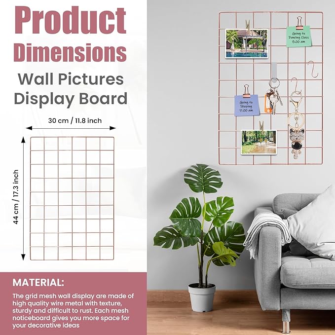 Metal Grid Wall Panel Rose Gold, Wire Grid Photo Display Organizer, 17.3"×11.8" Wire Board Grid Wall, Grid Picture Frame, 4-Pack Wire Mesh Memo Board with Clips and Hooks