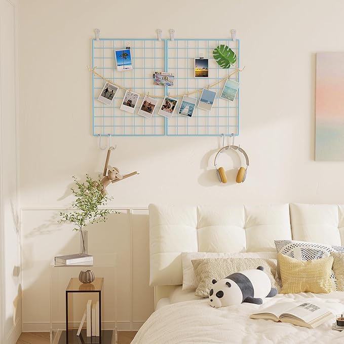 C&AHOME Photo Wall Grid Panel Set of 2, Decor Grid Panel, Photo Display Shelves, Hooks, Clips, Hemp Cord, Hammer, 15.7" 11.8", Blue UWWGM3402L