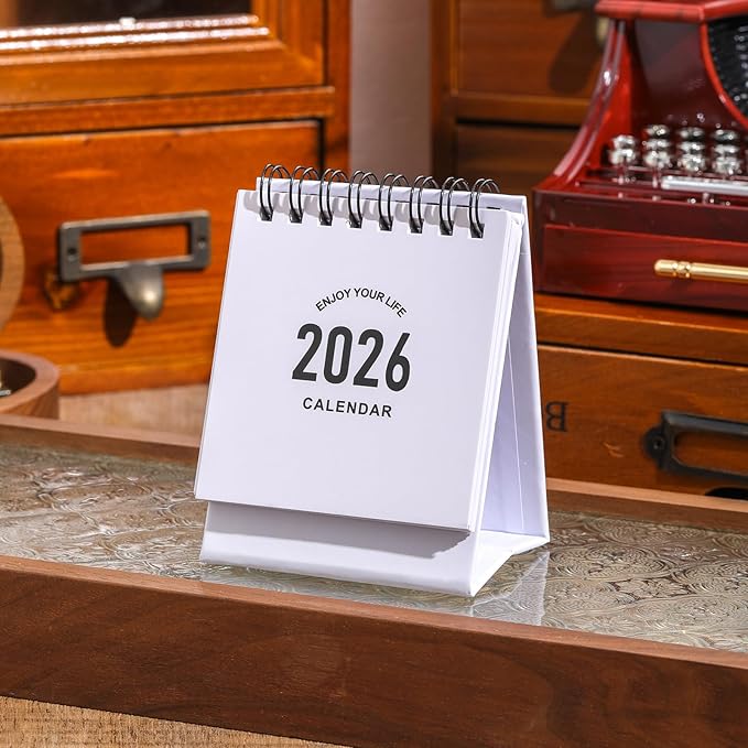 Mini Desk Calendar 2026 - Small Desk Calendar Runs January 2026 to June 2027, Monthly Calendar 250gsm Thick Paper Twin-Wire Binding with Stickers for Home Office School (Mini white)